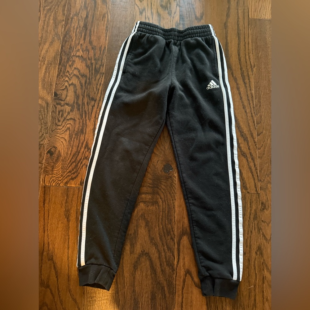 Adidas Kids Black Jogger Pants size 10-12 with white strips great condition